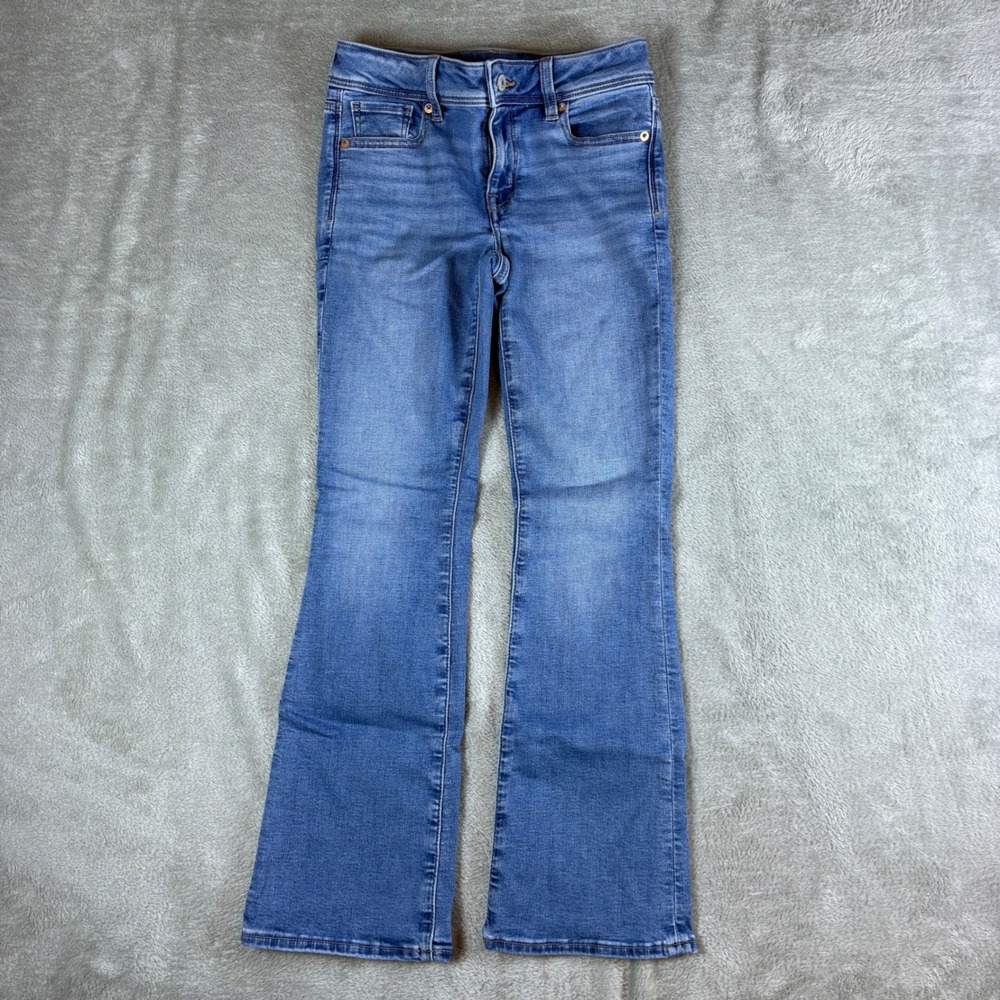 American Eagle Jeans Women 00 (Fits 26x28) Kick Boot Whiskered Fade Blue Stretch